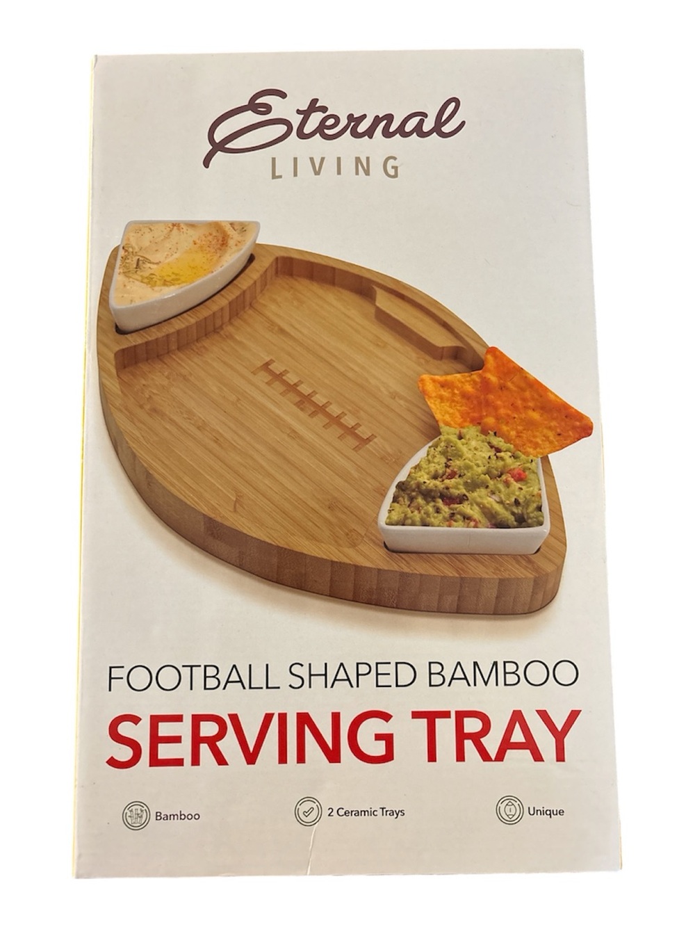 Bamboo Football Shaped Serving Tray - Natural Brown with 4 Football Side Plates - Picture 2 of 4